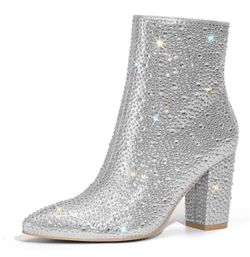 Silver Rhinestone Block Heel Ankle Boots