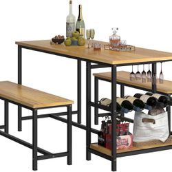 Dining Table Set for 4, 3 Piece Kitchen Table with Bench, Small Dining Table Set for Apartment with Wine Rack for Breakfast Nook (Rustic Brown