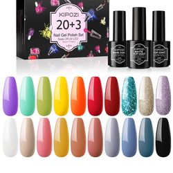 20 Pcs Gel Nail Polish Set, Soak Off Nail Gel Collection Nude Nail Polish Pink Blue Glitter Gel Polish Starter Kit with Glossy & Matte Top Coat and Ba