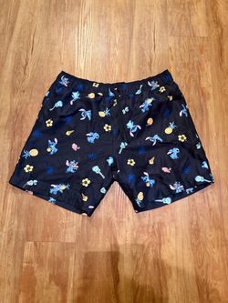 Disney Lilo & Stitch Mens Medium Black Hawaiian Luau Guitar Ukulele Swim Trunks