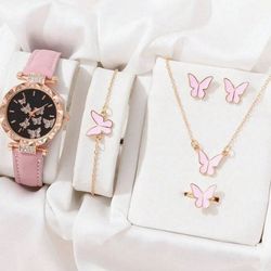 Little Girls Butterly Pink Watch, Bracelet, Earrings, Necklace And Ring Set