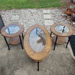 Solid Wood and Metal Coffee Table with two matching End tables with Beveled glass