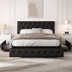 Queen Size Bed Frame Upholstered Bed Frame with Adjustable Diamond Button-Tufted