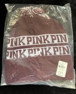 Burgundy PINK Knit Beanie With Puff