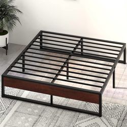 14'' King Size Metal Platform Bed Frame with Rustic Wood & Reverse Holes/Ample Under-Bed Storage Space/Mattress Foundation/No Box Spring Needed/Easy A