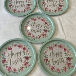 5 Round Metal Tin Floral Happy Easter Trays. 12.5” Each.