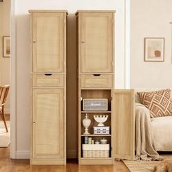 Iwell Tall Bathroom Storage Cabinet – Slim Rattan Cabinet with Drawer