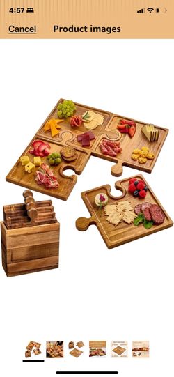 New in  puzzle charcuterie board set of 4 wood