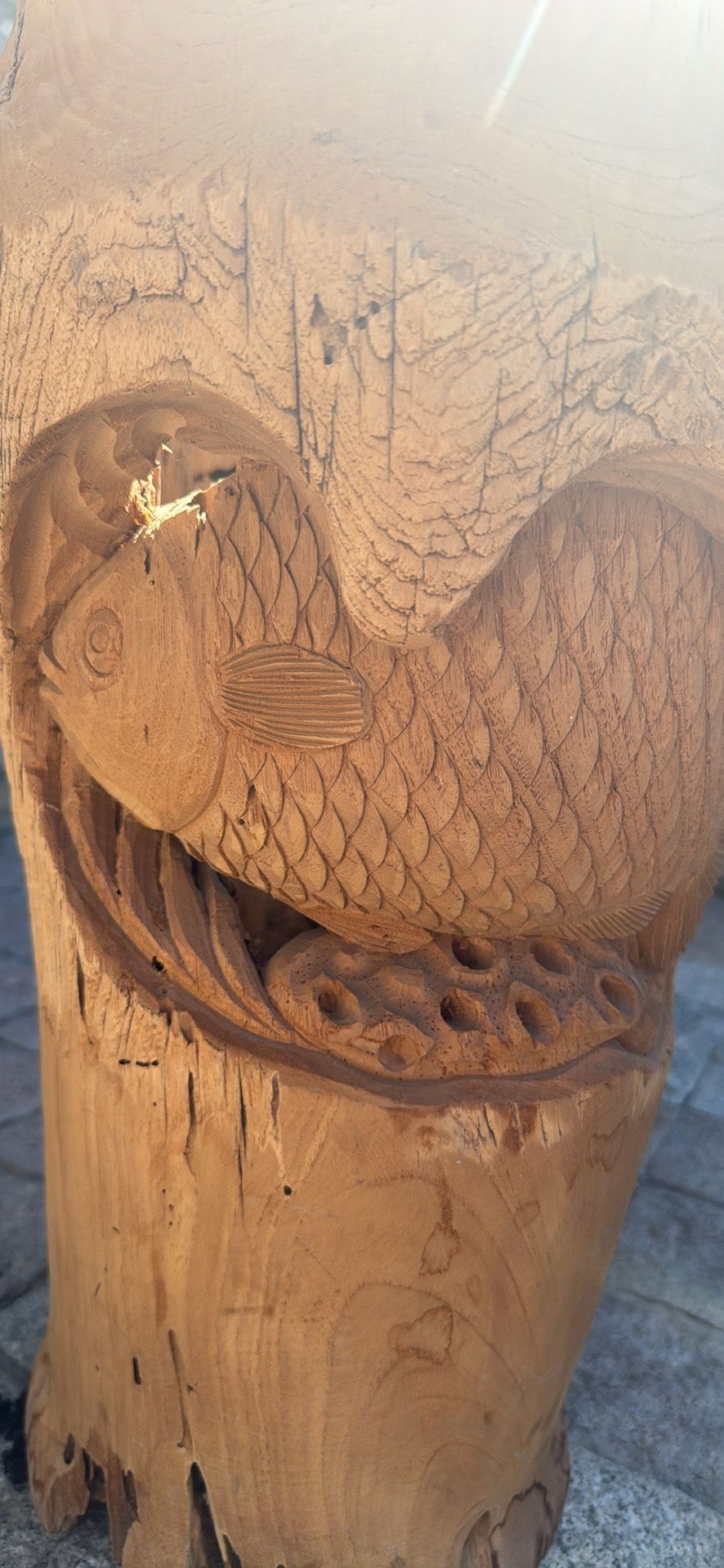 Hand-Carved Solid Wood Planter / Pedestal with Koi Fish Design β Rustic Organic Art