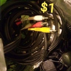 Assorted of cables coax DC Transformers HDMI cable RCA cables USB cables, Mini USB chargers, Ethernet cables, Phone Bin #4 Shed