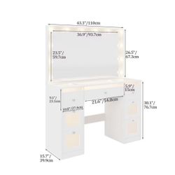Lighted Makeup Vanity Desk with Mirror 7 Drawers, 3 Color Changing LED Dressing Table with Glass Top & Storage Cabinet, White Bedroom Furniture