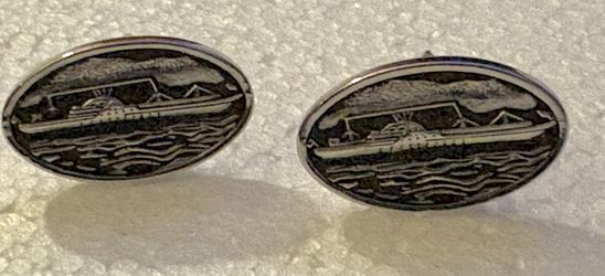 Vintage Steel Ship Cuff Links & Tie Clip