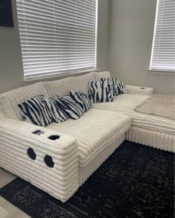 Faux Fur L Sectional Couch (with built-in speaker, charger, and cup holders)