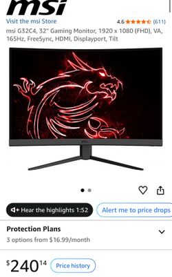 msi G32C4, 32" Gaming Monitor, 1920 x 1080 (FHD), VA, 165Hz, FreeSync, HDMI, Displayport, Tilt