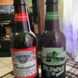 2 Glass Display Beer Bottles Budweiser 15” Tall
