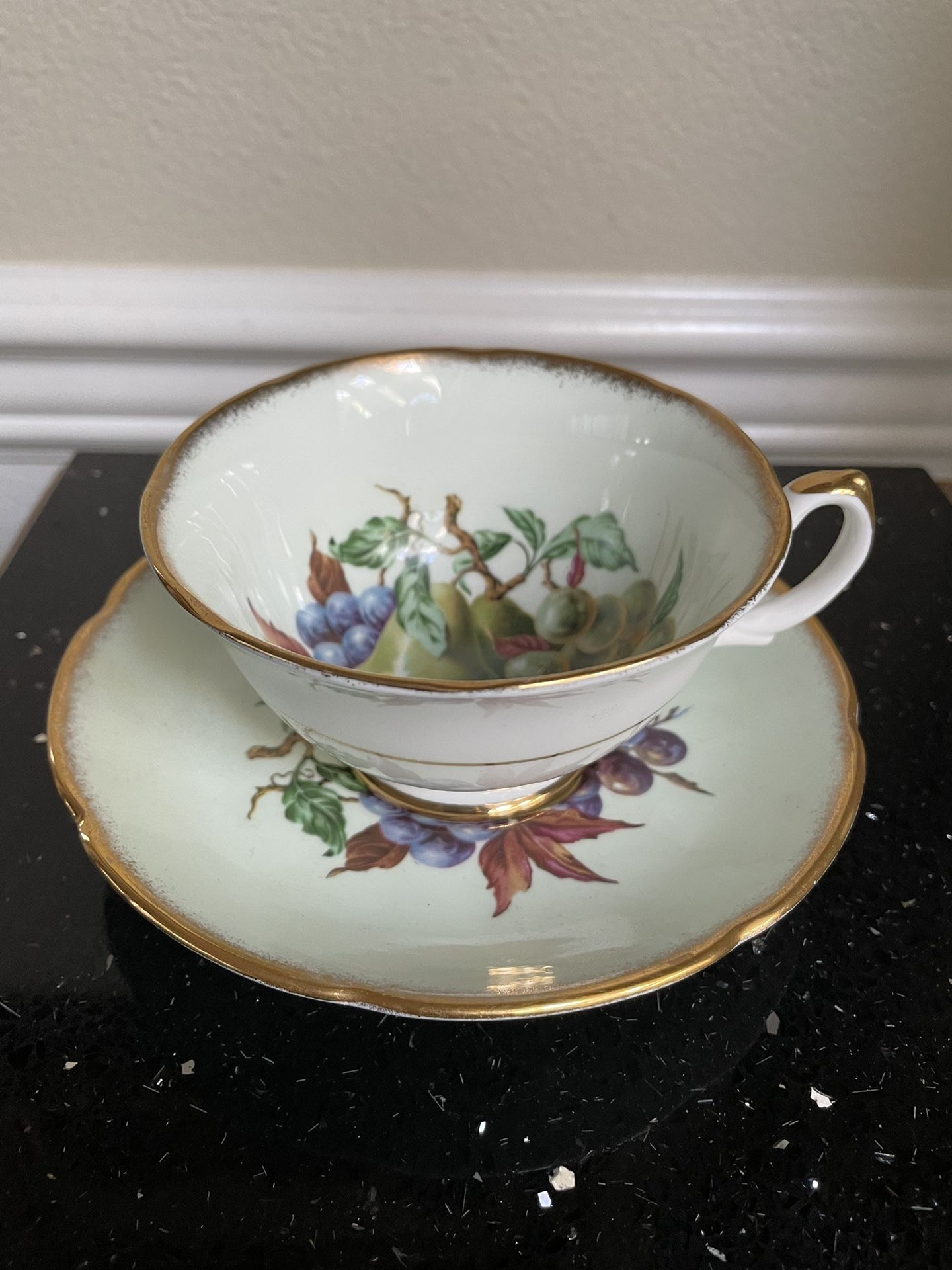 Royal Grafton Pastel Green Orchard Fruits Tea Cup and Saucer Antique Tea Cup English Bone China