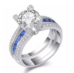 925 Sterling Silver Wedding Ring Sets For Women Blue Cubic Zirconia Engagement Band Fashion Jewelry For Women