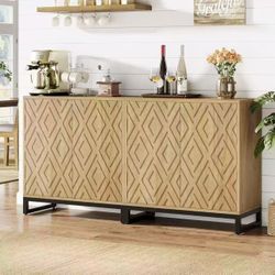Assembled Sideboard Buffet Cabinet with Storage, 57.5" Farmhouse Coffee Bar Cabinet with 4 Doors & Shelves, Wood Credenza Buffet Table for Dining Room