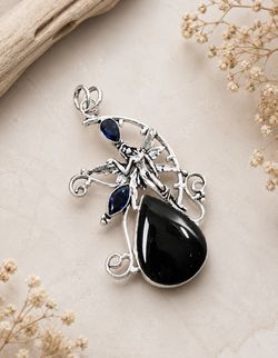 Black Onyx Tanzanite Gemstone Fairy 3” Silver Pendant