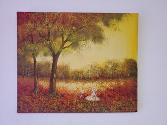 Painted Fall Autumn Leaves Girl in Hat Scene 20"x24" Canvas Art Painting