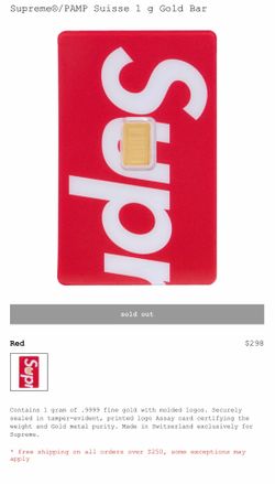Supreme®/PAMP Suisse 1 g Gold Bar ***Not in hand yet***