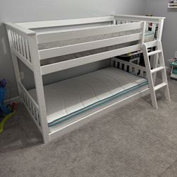 Twin Over Twin Low Bunk Bed with Ladder, Wooden Bunk beds 