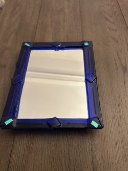 Hand made glass mirror  Blue glass frame hanging mirror 