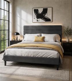 Brand New Queen Upholstered Platform Bed Frame – No Box Spring Needed – Gray