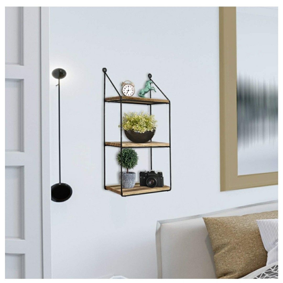 3 Tier Wall Mounted Floating Shelves, Home Decor, Metal Wire and Rustic Wood Wall Storage