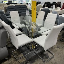 Modern Tempered Glass Dining Table with 6 Chairs 