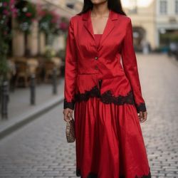 Rachel Roy Red Dress & Matching Jacket – Size 12, Black Lace Trim, Designer Set