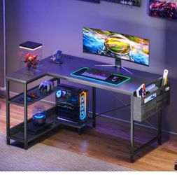 L-Shaped Gaming Desk with Storage Shelves
