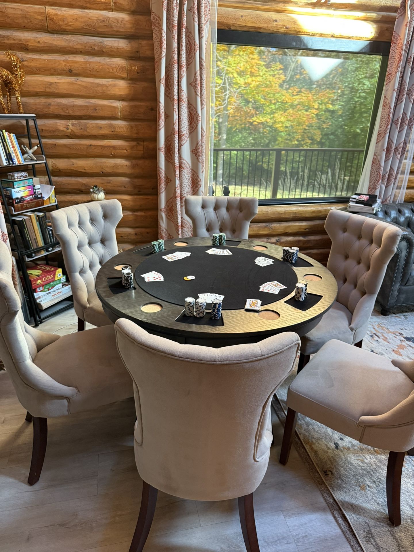 Round Dining & Poker Table Set – Includes Six Chairs