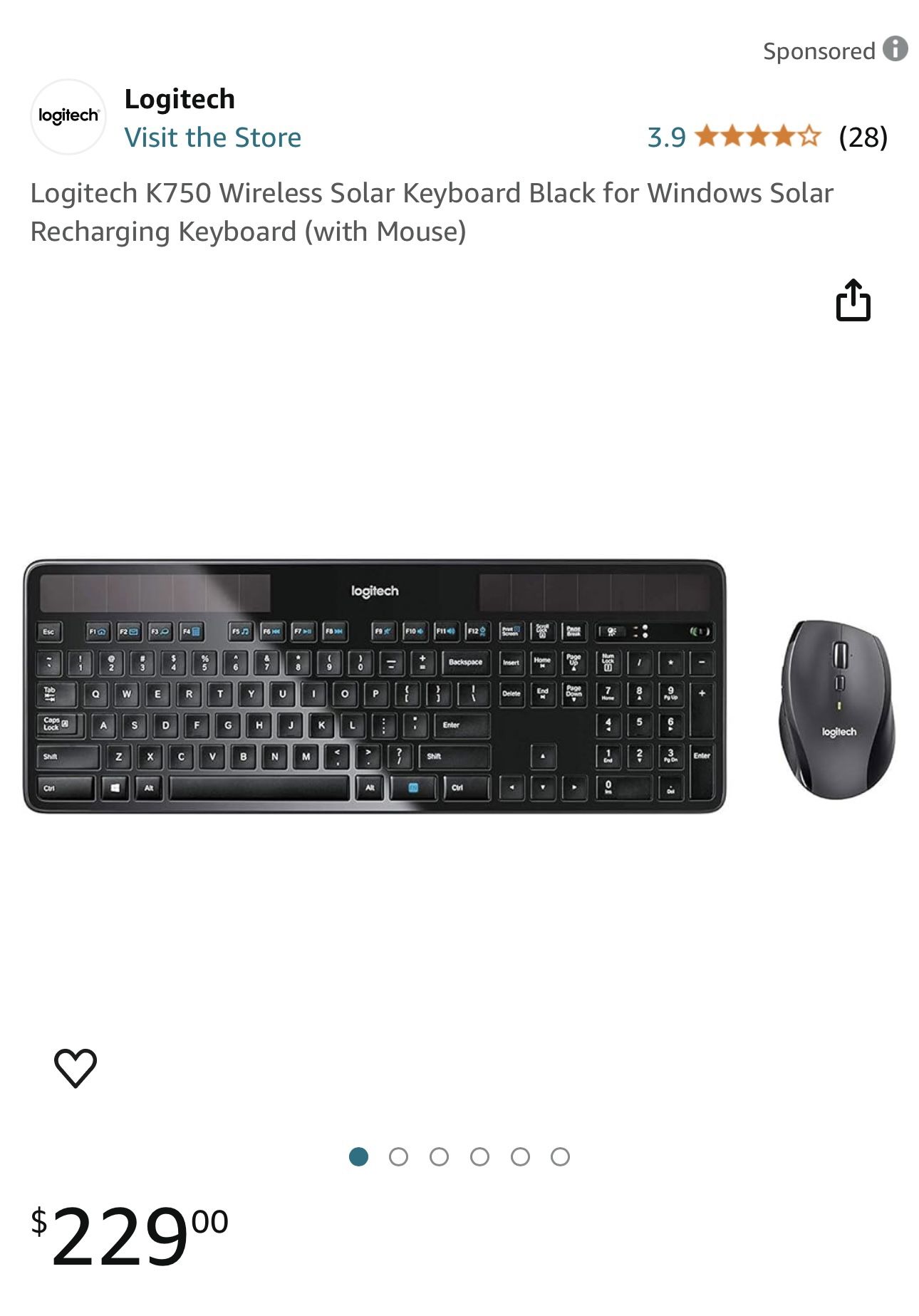 Logitech K750 Wireless Solar Recharging Keyboard Black (with Mouse)