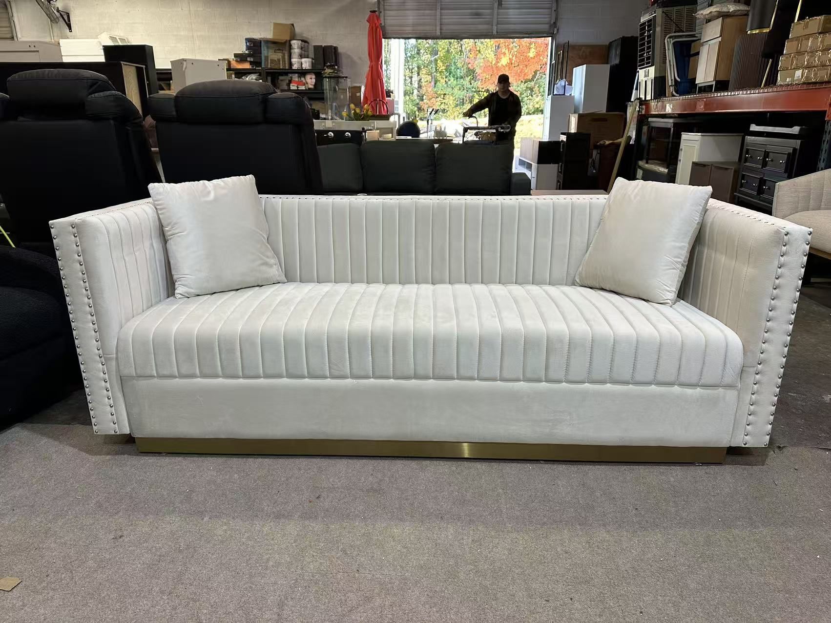 Brand new Velvet 3-Seater Sofa Loveseat Set- Modern Upholstered Channel Tufted Velvet Sofa Couch with 2 Pillows, Square Arms & Gold Metal Base for Liv