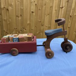 Vintage  Decorative Wooden Tricycle With Wagon And Blocks 