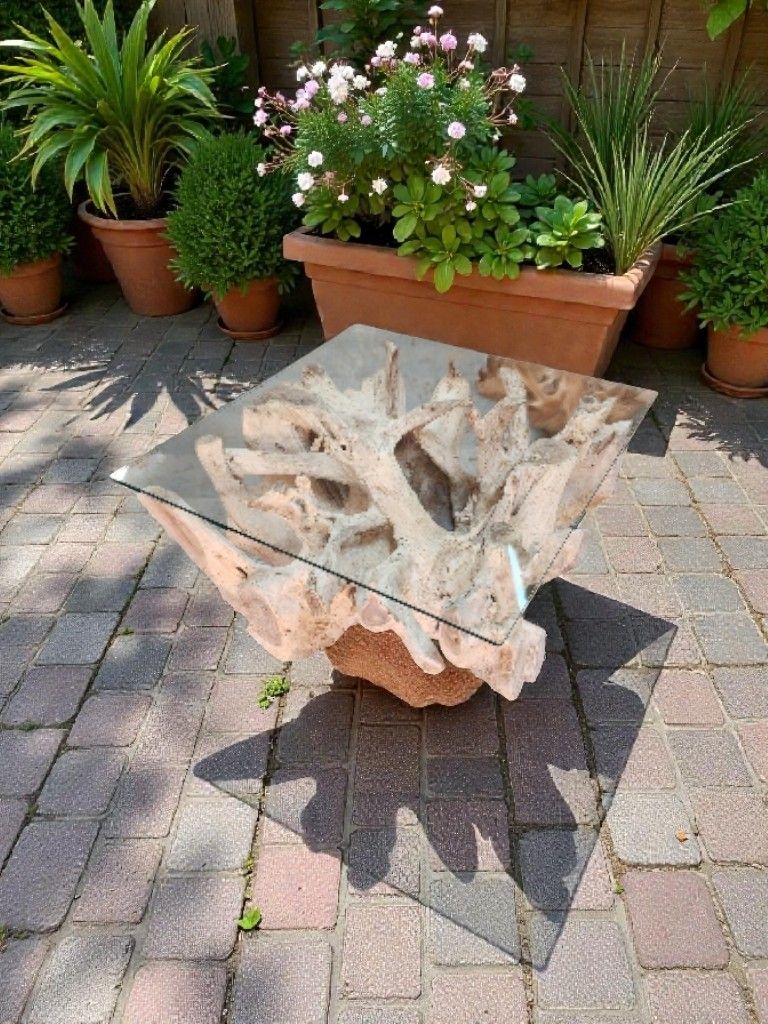 Teakroot Solid Wood Coffee Table With Glass Top 35"