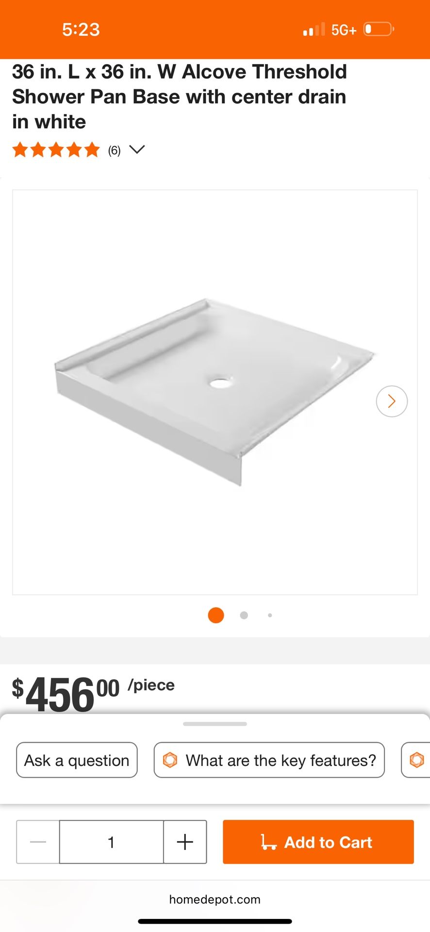 36 in. L x 36 in. W Alcove Threshold Shower Pan Base with center drain in white