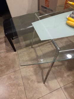 IKEA dining table (glass, seats six) + 4 leather chairs & a bench