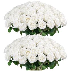 Auihiay 60PCS Artificial Roses Bulk, White Velvet Silk Fake Roses, Realistic White Flowers for Wedding Centerpieces, Bridal Bouquets, Home Decor, Baby