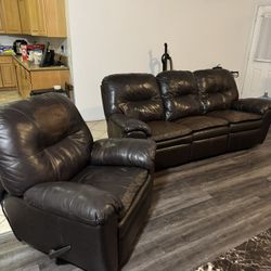 Dark Brown Leather Sofa Set W/ Recliners 