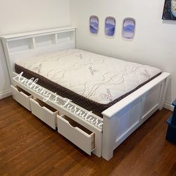 Solid Wood White Full Size bed Nd Bamboo Mattress Nd Drawers 
