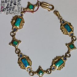14Kt Yellow Gold Unique Blue Teal Green Shades Opal Customized Vintage Bracelet 
