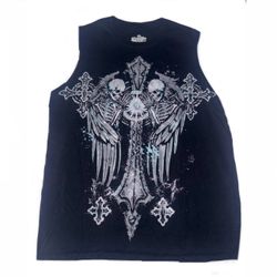 Goodie Two Sleeves Gothic Skull Cross Sleeveless Tee XL (Fits L) – Grunge Y2K Punk Rock Graphic Shirt Emo Alt Streetwear Gothcore Top
