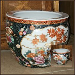 VINTAGE XL ORIENTAL CHINESE SATSUMA FISHBOWL KOI FISH CHINOISERIE PLANTER FLOWER POT