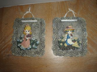 2 Daniel Brand Wall Hanging Plaque Ceramic 3D Girl Floral Collectible Home Decor