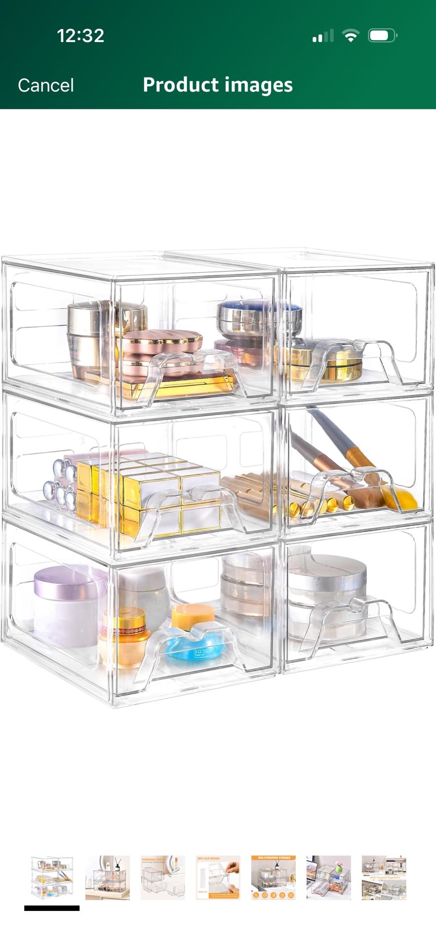 6 Pack Stackable Makeup Organizer, 4.4'' Tall Acrylic Bathroom Makeup Organizer and Storage Drawer with Pull-out Handle, Clear Plastic Storage Bins fo