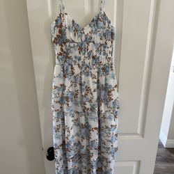 Wayf Blue and Brown Smocked Dress