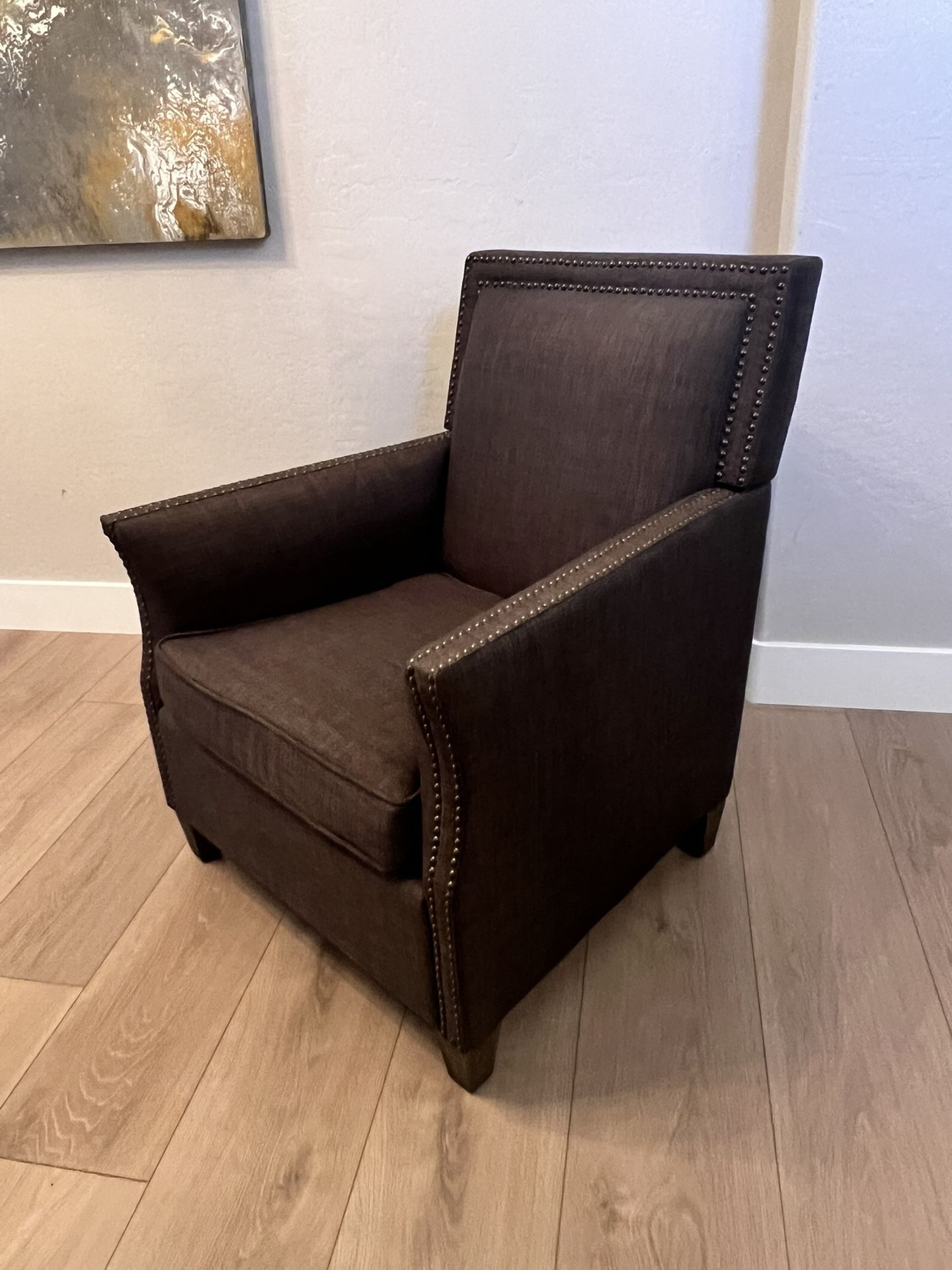Uttermost Charcoal Gray Linen Armchair w/ Brass Nailhead Trim & Walnut Feet