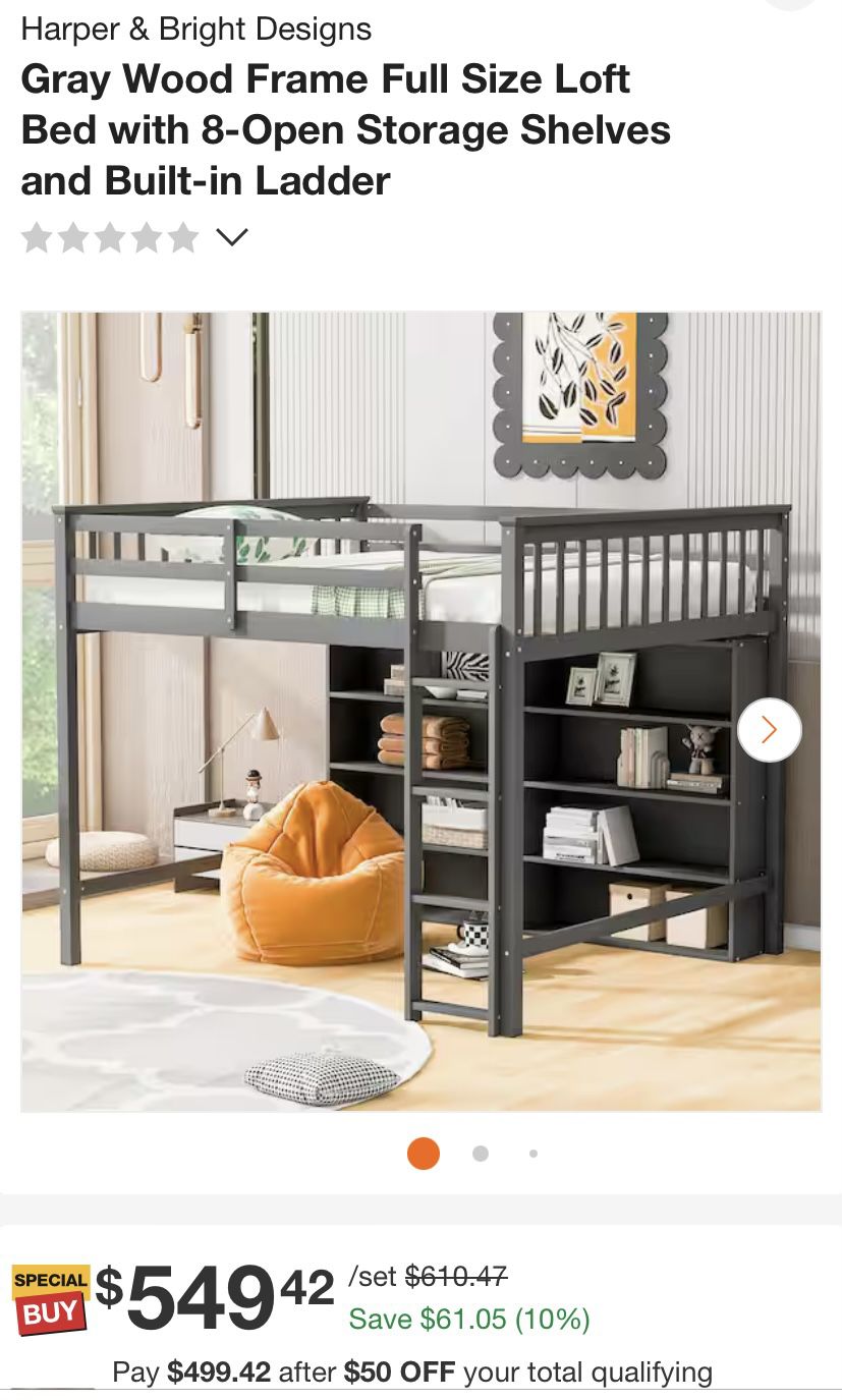 Gray Wood Frame Full Size Loft Bed With 8 Open Storage Shelves And Built In Ladder 